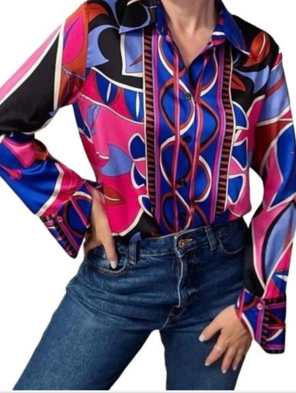 ZARA Blouse M Satin Geoprint Colorful Flipped Cuff Long Sleeve